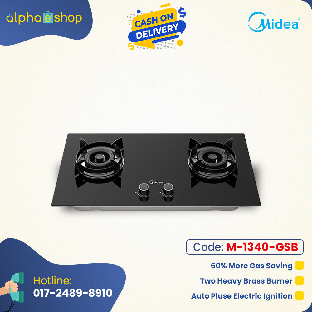 Midea Q57 30-inch double gas burner in black, featuring two heavy brass burners, auto electric ignition, and 60% gas savings. Available at Alphaeshop.