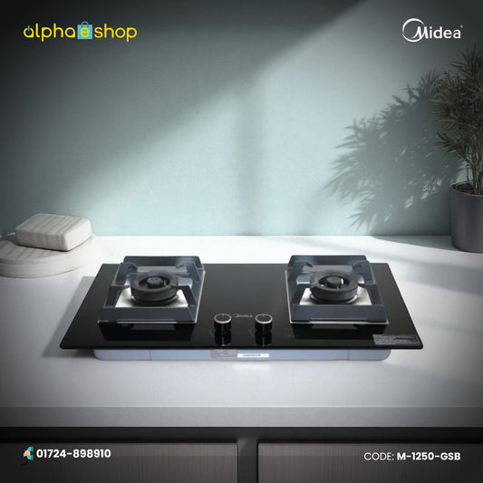Midea Q80-Pro 32-inch double gas burner in black finish. Available at Alphaeshop.