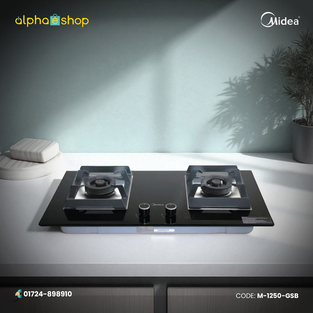 Midea Q80-Pro 32-inch double gas burner in black finish. Available at Alphaeshop.