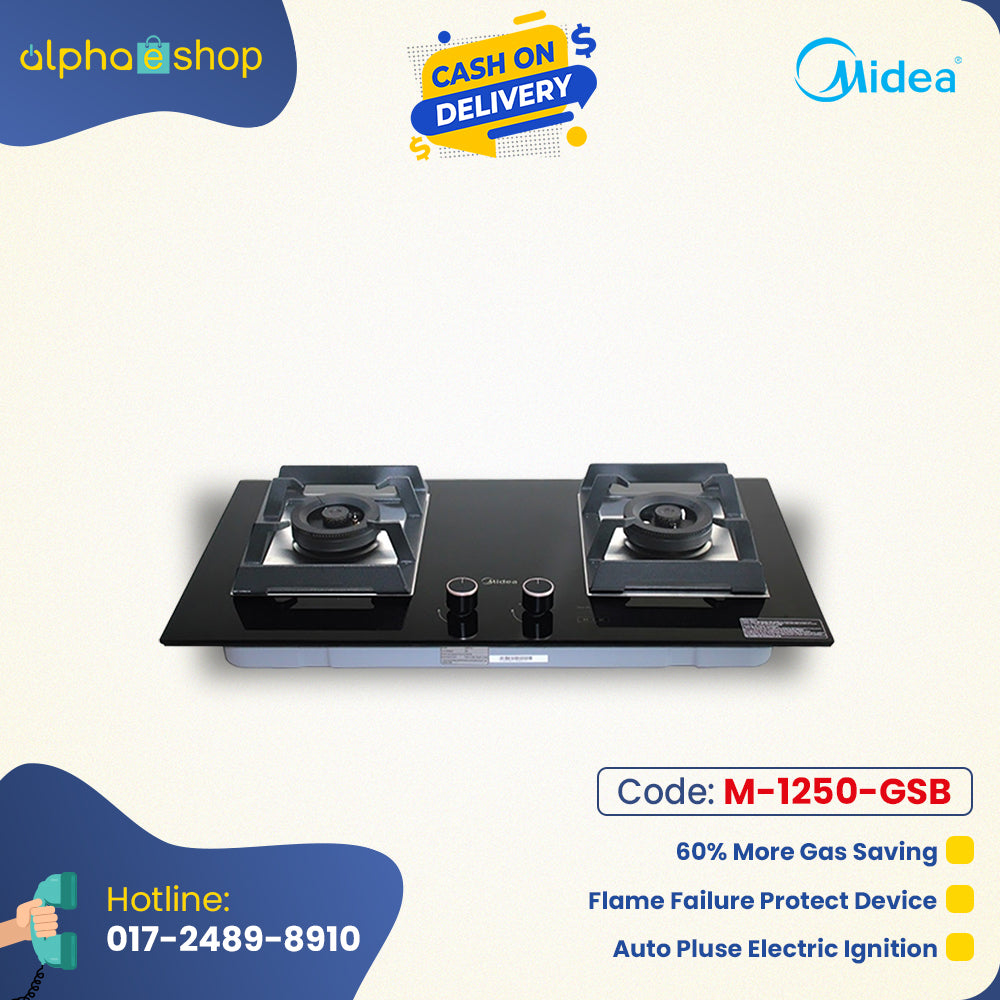 Midea Q80-Pro 32-inch double gas burner in black, featuring auto electric ignition, flame failure protection, and 60% gas savings. Available at Alphaeshop.