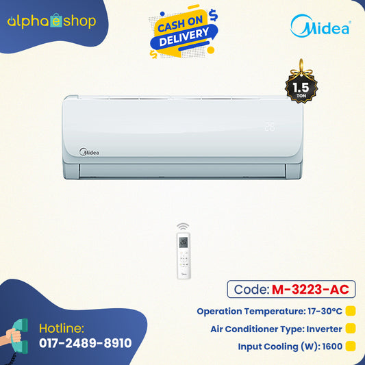 Midea 1.5 Ton non-inverter wall type split AC promo banner featuring 17–30°C operation temperature, 1600W input cooling, and wireless remote.