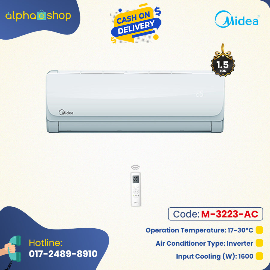 Midea 1.5 Ton non-inverter wall type split AC promo banner featuring 17–30°C operation temperature, 1600W input cooling, and wireless remote.