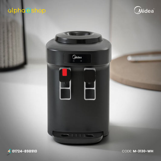 Midea YDD1654T black tabletop water dispenser with dual dispensing taps, compact design and removable drip tray.