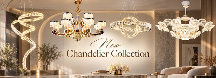 Alphaeshop New Chandelier Collection featuring modern luxury spiral, classic gold, and crystal ring chandeliers.