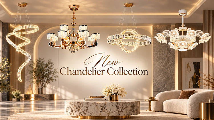 Alphaeshop New Chandelier Collection featuring modern luxury gold, crystal, and LED ring chandeliers.