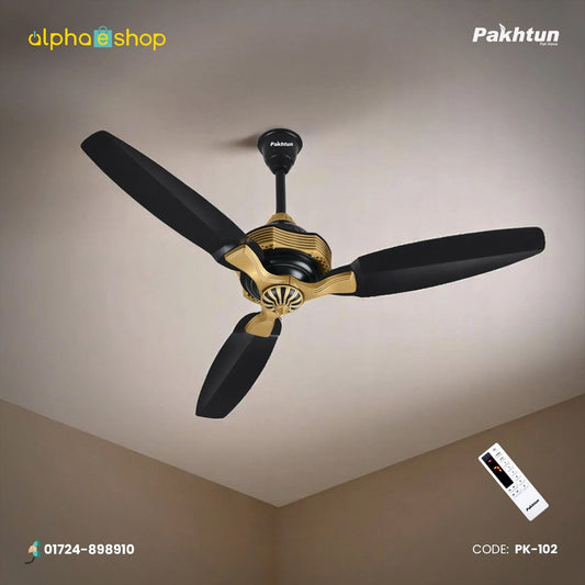 Pakhtun Khalifa 52 inch BLDC inverter ceiling fan in black and gold finish with premium motor trim and wireless remote control.