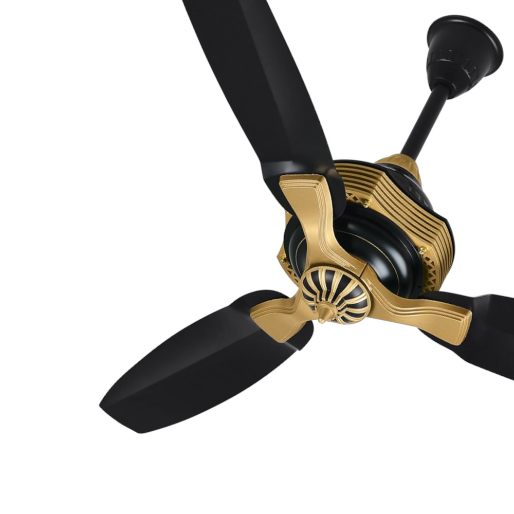 Pakhtun Khalifa 52 inch black gold ceiling fan banner highlighting its metallic gold trim accents and unique tiered motor housing.