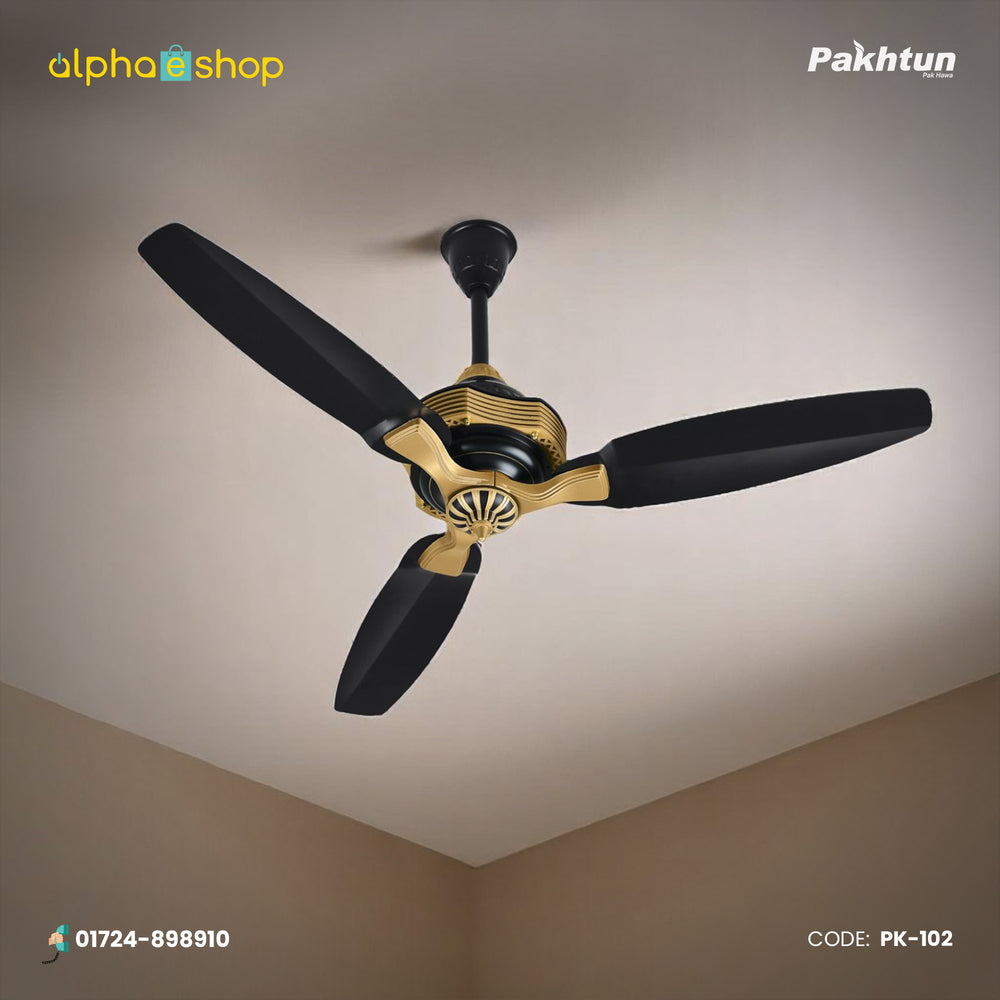 Pakhtun Khalifa 52 inch BLDC inverter ceiling fan in black and gold finish with premium motor trim and streamlined blades.