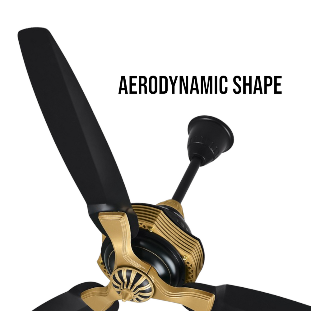Pakhtun Khalifa 52 inch black gold ceiling fan close-up banner highlighting its premium aerodynamic shape blades and unique motor unit.