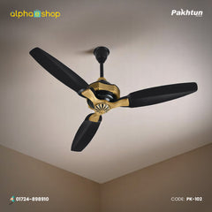 Pakhtun Khalifa 52 inch BLDC inverter ceiling fan in black and gold finish with premium motor trim and streamlined blades.