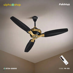 Pakhtun Khalifa 52 inch BLDC inverter ceiling fan in black and gold finish with premium motor trim and wireless remote control.