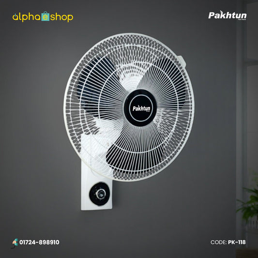 Pakhtun Khalifa 18 inch high speed wall bracket fan in white featuring 3 black blades, protective safety grill, and built-in speed control dial.