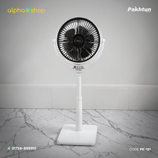 Pakhtun Louver 14 inch high speed pedestal stand fan in white and black, model PK-121, featuring control buttons and adjustable stand.