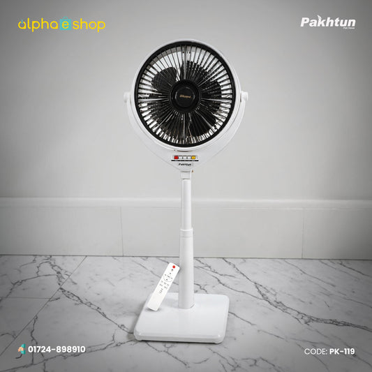 Pakhtun Louver 14 inch high speed pedestal stand fan in white and black, model PK-121, featuring control buttons and adjustable stand.