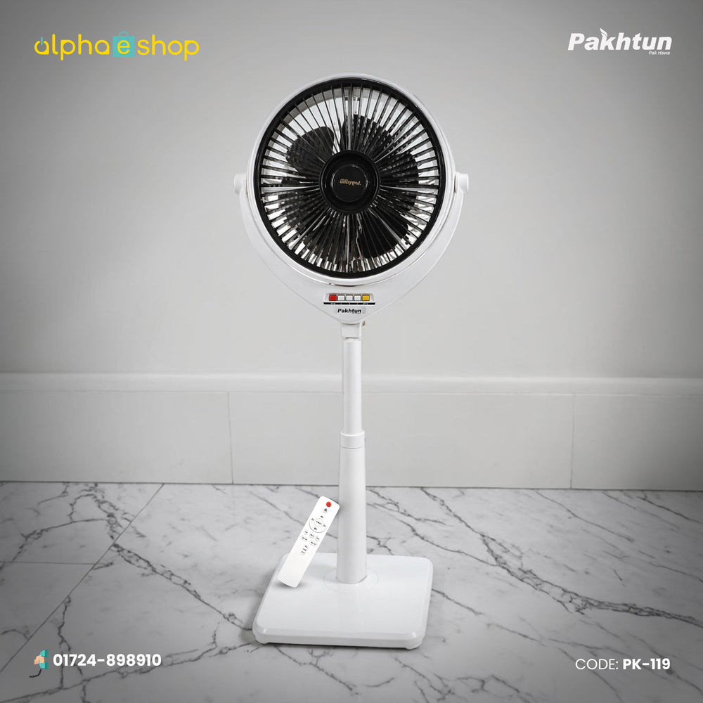 Pakhtun Louver 14 inch high speed pedestal stand fan in white and black, model PK-121, featuring control buttons and adjustable stand.