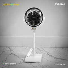 Pakhtun Louver 14 inch high speed pedestal stand fan in white and black, model PK-121, featuring control buttons and adjustable stand.
