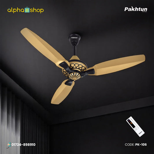 Pakhtun Pasha 52 inch BLDC inverter ceiling fan in golden and black finish with decorative lattice motor housing and wireless remote control.