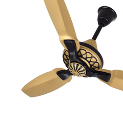 Pakhtun Pasha 52 inch golden black ceiling fan banner highlighting its intricate lattice pattern motor casing design.