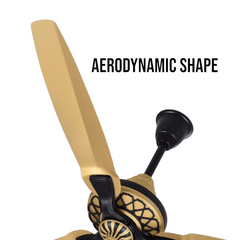Pakhtun Pasha 52 inch golden black ceiling fan close-up banner highlighting its premium aerodynamic shape blades and lattice motor hub.
