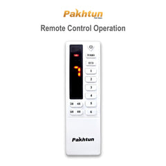 Pakhtun BLDC ceiling fan smart remote control banner showing digital speed display, turbo mode, eco mode, and timer options.
