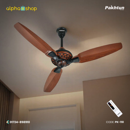 Pakhtun Pasha 52 inch BLDC inverter ceiling fan with dark wood finish blades, decorative black lattice motor housing, and wireless remote control.