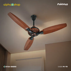 Pakhtun Pasha 52 inch BLDC inverter ceiling fan with dark wood finish blades, decorative black lattice motor housing, and streamlined blades.