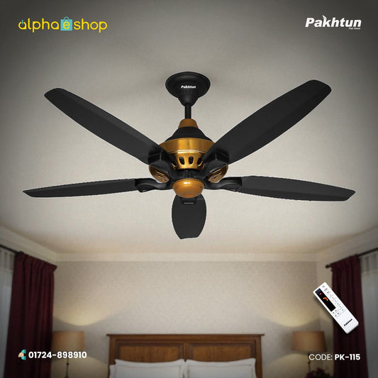 Pakhtun Penta-10 56 inch BLDC inverter ceiling fan with 5 black aerodynamic blades, metallic gold motor accents, and wireless remote control.