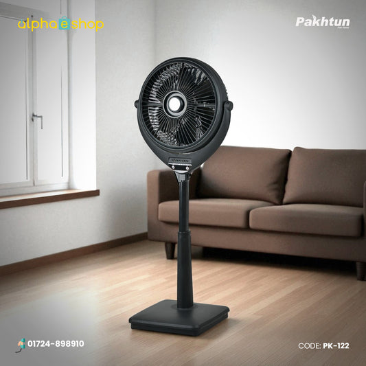 Pakhtun high speed stand fan in black shown in PK-122.jpg, featuring a modern circular design and stable square base.