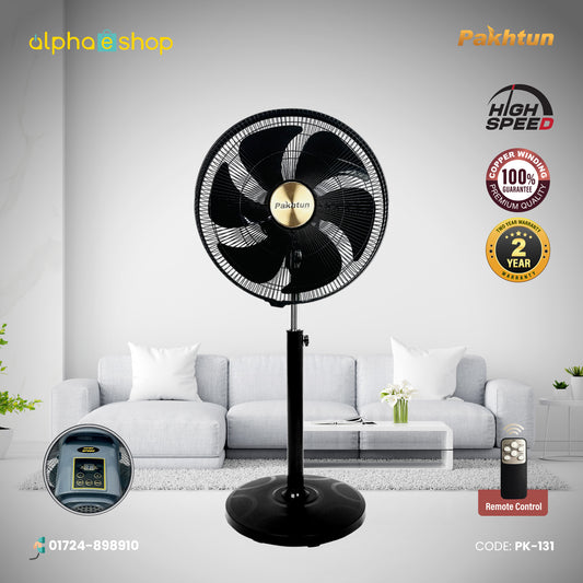 Pakhtun 18-Inch High Speed Stand Fan in black featuring remote control, digital display, 5 blades, 100% copper winding, and 2-year warranty.