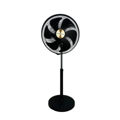 Pakhtun 18-Inch High Speed Stand Fan in black featuring a 5-blade design, gold center emblem, protective wire grill, and adjustable height stand.