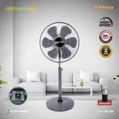 Pakhtun 18-Inch High Speed Stand Fan in grey featuring remote control, digital display, 5 blades, 100% copper winding, and 2-year warranty.