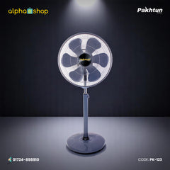 Pakhtun 18-Inch High Speed Stand Fan in grey featuring a 5-blade design, protective wire grill, and adjustable height stand.