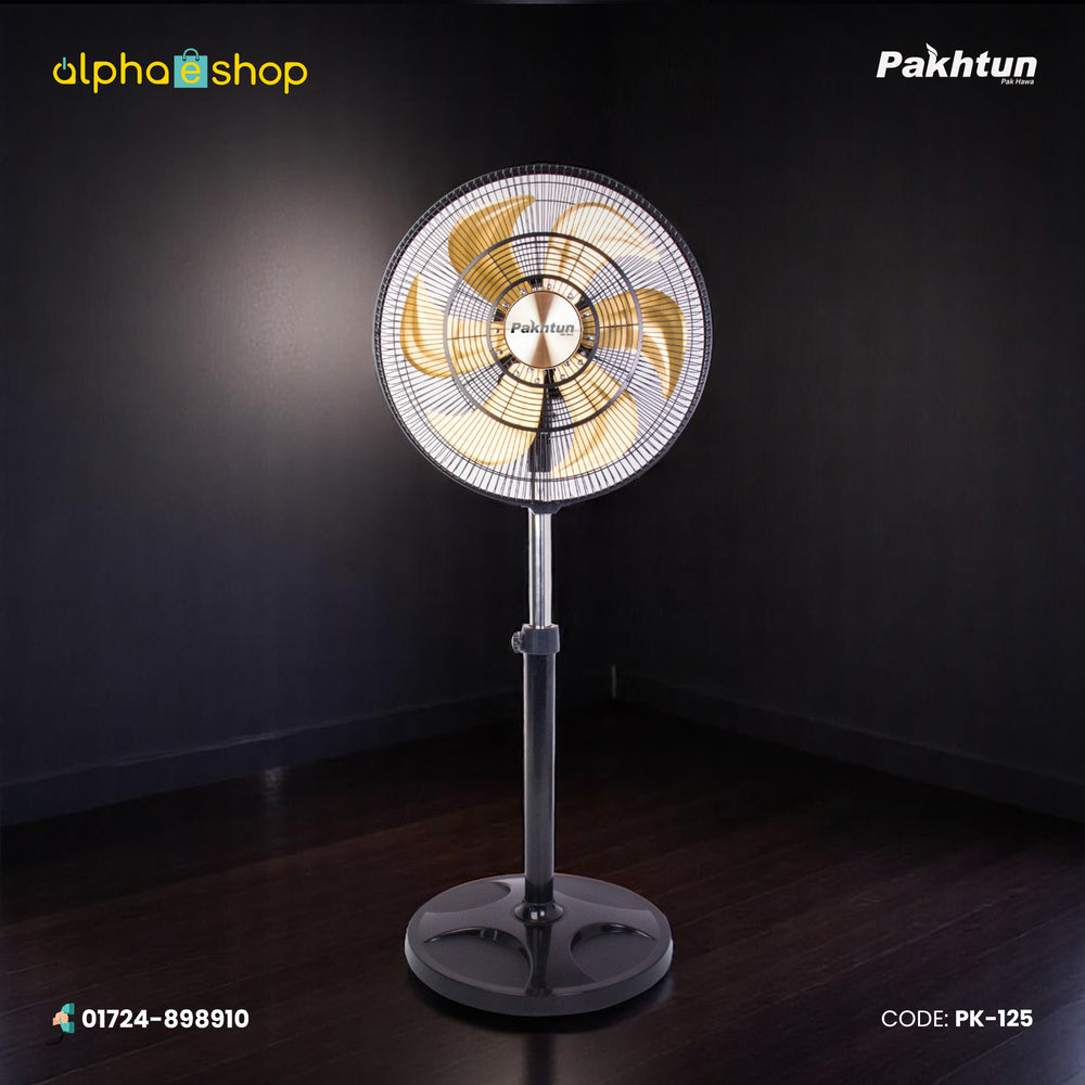 Pakhtun 18-Inch High Speed Stand Fan in PK-125F1.jpg featuring a 5-blade black and gold design, protective wire grill, and adjustable height stand.