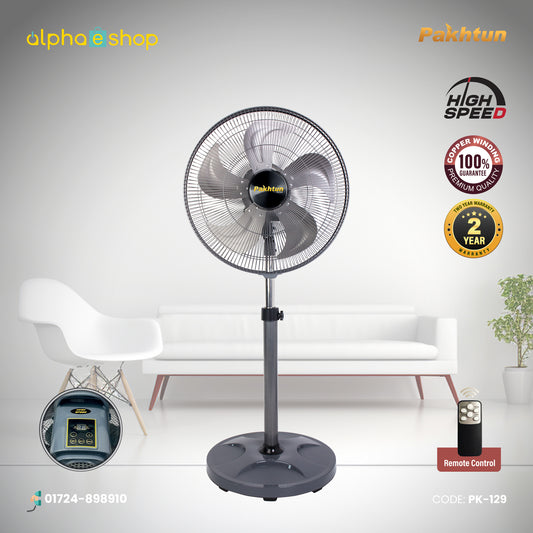 Pakhtun 18-Inch High Speed Stand Fan in grey featuring remote control, digital display, 5 blades, 100% copper winding, and 2-year warranty.