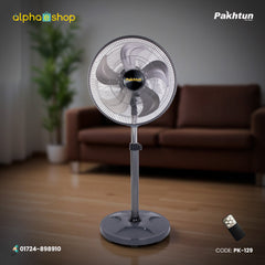 Pakhtun 18-Inch High Speed Stand Fan in grey featuring remote control, 5-blade design, and adjustable height stand.