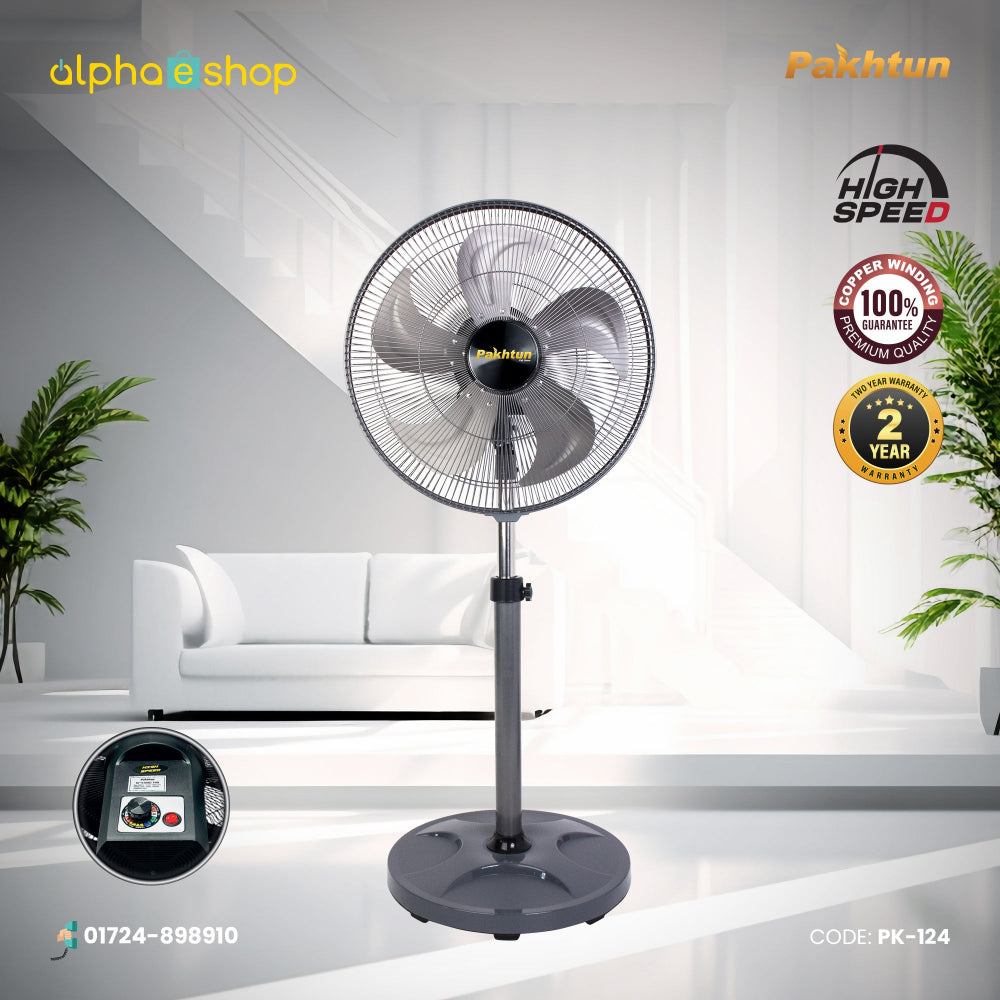 Pakhtun 18-Inch High Speed Stand Fan in grey featuring 5 blades, speed control dial, 100% copper winding, and 2-year warranty.