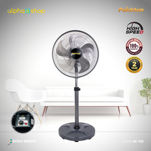 Pakhtun 20-Inch High Speed Stand Fan in grey featuring a speed control dial, 5-blade design, 100% copper winding, and 2-year warranty.