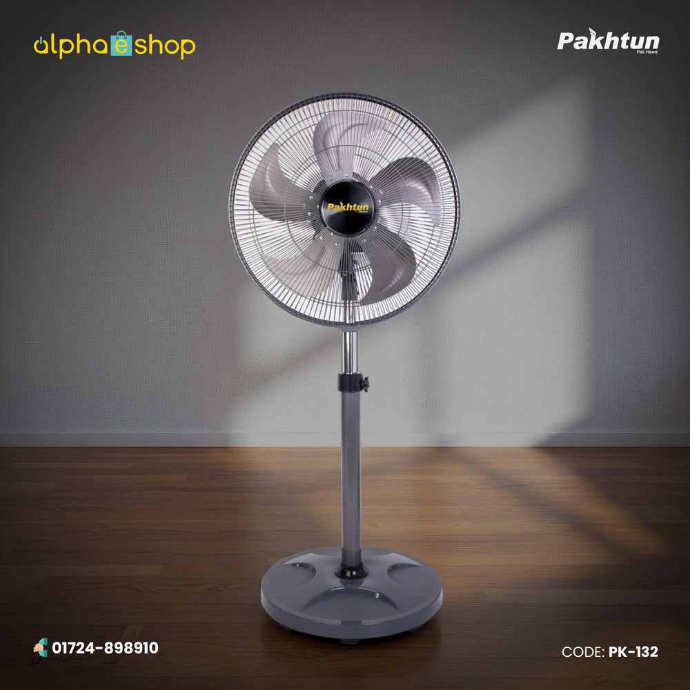 Pakhtun 20-Inch High Speed Stand Fan in grey featuring a 5-blade design, protective wire grill, and adjustable height stand.