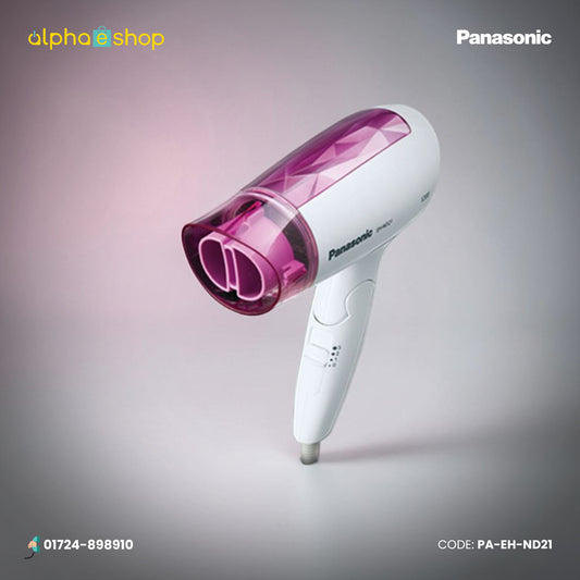 Panasonic EH-ND21 1200W white-pink hair dryer with compact body and multiple airflow settings, model PA-EH-ND21.