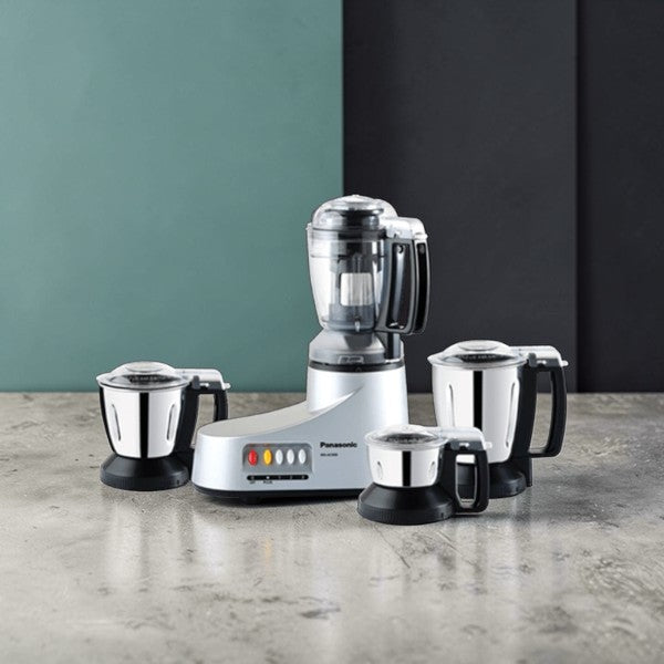 Panasonic MX-AC400 550W 4-in-1 Mixer Grinder in silver, featuring four stainless steel jars and advanced motor. Available at Alphaeshop.