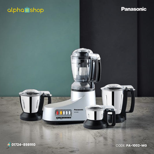 Panasonic MX-AC400 550W 4-in-1 Mixer Grinder (PA-1002-MG) in silver, featuring four stainless steel jars. Available at Alphaeshop.