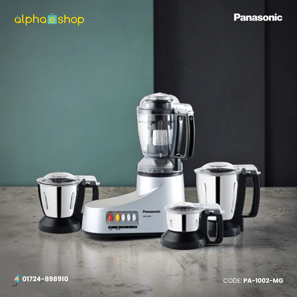 Panasonic MX-AC400 550W 4-in-1 Mixer Grinder (PA-1002-MG) in silver, featuring four stainless steel jars. Available at Alphaeshop.