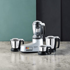 Panasonic MX-AC400 550W 4-in-1 Mixer Grinder in silver, featuring four stainless steel jars and advanced motor. Available at Alphaeshop.