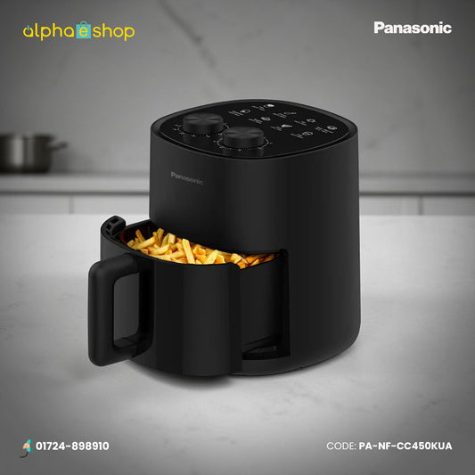 Panasonic NF-CC450KUA 4.5L black air fryer with dual control dials and pull-out cooking basket.