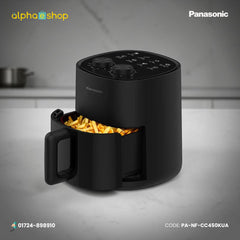 Panasonic NF-CC450KUA 4.5L black air fryer with dual control dials and pull-out cooking basket.