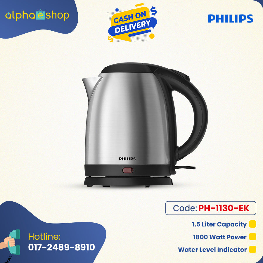 Philips Daily Collection 1.5L electric kettle with 1800W power, stainless steel finish, and water level indicator.