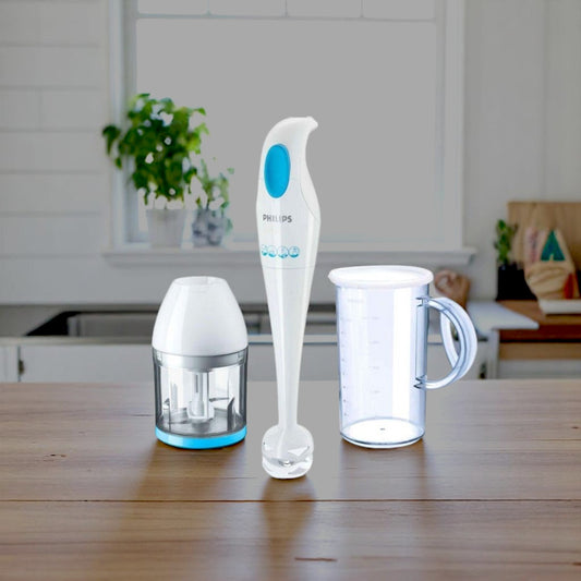 Philips Daily Hand blender (PH-HR1351-90) featuring a chopper accessory, 1L beaker with lid, and 1-speed setting. Available at Alphaeshop.
