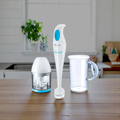 Philips Daily Hand blender (PH-HR1351-90) featuring a chopper accessory, 1L beaker with lid, and 1-speed setting. Available at Alphaeshop.
