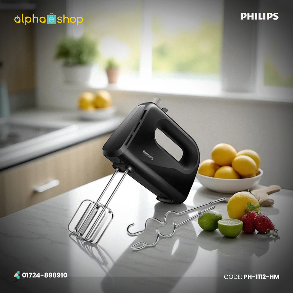 Philips Daily Collection Hand Mixer (PH-1112-HM) in black, featuring stainless steel beaters and dough hooks. Available at Alphaeshop.