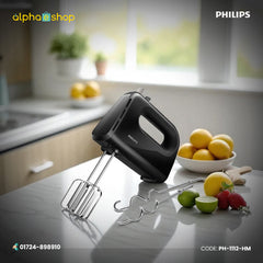 Philips Daily Collection Hand Mixer (PH-1112-HM) in black, featuring stainless steel beaters and dough hooks. Available at Alphaeshop.